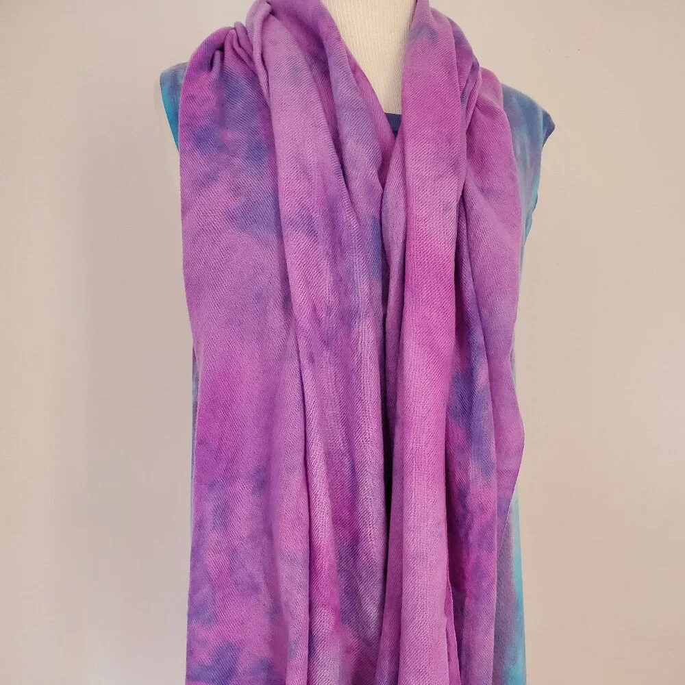 NEW Cashmere merino oversized Scarf Wrap tie dyed brunello blue purple pink XL